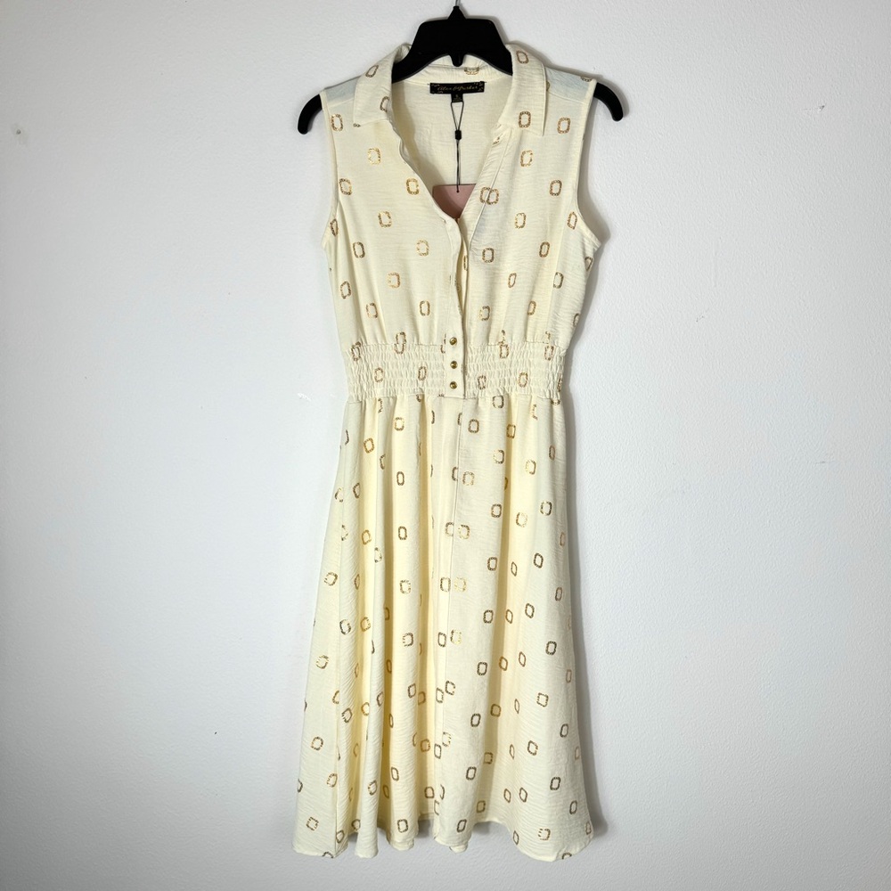 Alex and Parker NWT Ivory and Gold  Midi Length Sleeveless Sundress Size S